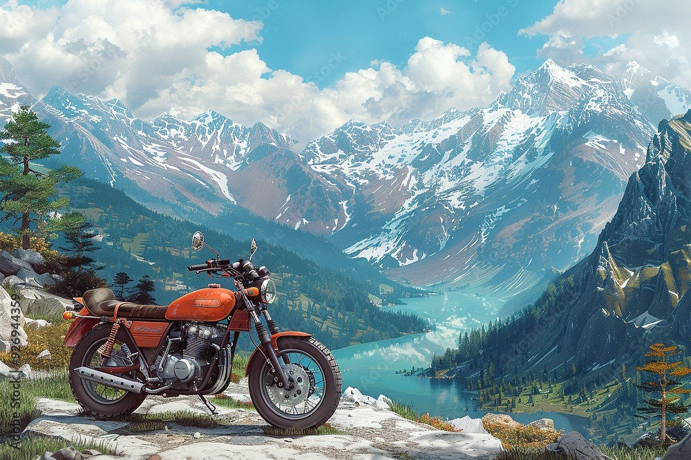 Poster A red motorcycle is parked on a mountain top next to a lake