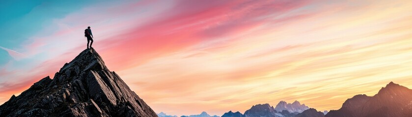 Fototapeta premium A lone hiker stands triumphantly on a mountain peak, overlooking a breathtaking sunset with vibrant skies and distant peaks.