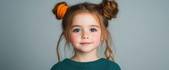 Studio Portrait Of A 9-Year-Old Girl On A Gray Background, Innocence And Charm