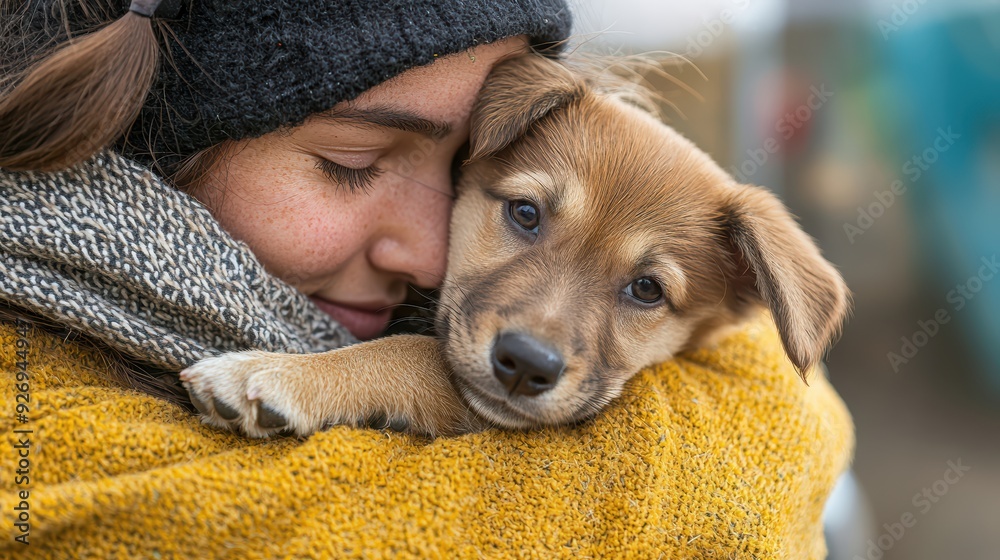 Wall mural a woman embraces puppy, showcasing warmth and affection. puppy looks content and curious.