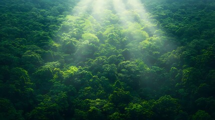 Fototapeta premium Aerial view of a lush green forest illuminated by rays of sunlight, showcasing nature's beauty and tranquility.