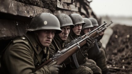 Fototapeta premium Four soldiers in military gear, focused and tense, preparing for action. Their expressions convey determination and anxiety amidst war torn environment. 
