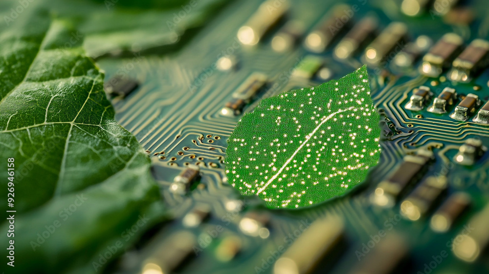 Poster green computing symbolism with a close-up view of a computer circuit board representing sustainable 