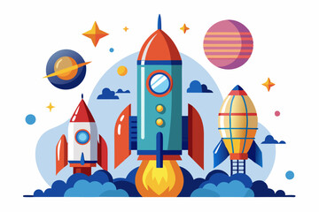Three Cartoon Rockets Launching Through Space