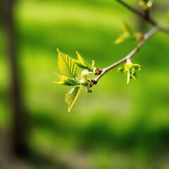 Newly sprouted green leaves on a branch, meticulously removed.