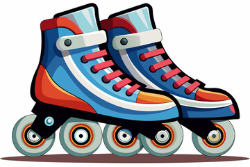 A Pair of Blue and Red Roller Skates with White Wheels