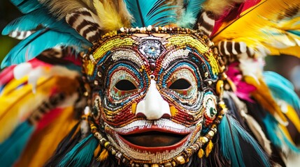 Fototapeta premium Vibrant indigenous mask adorned with colorful feathers and intricate beadwork, reflecting rich cultural heritage and artisanal craftsmanship.