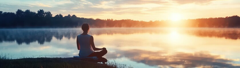 Silhouette of a person meditating by a calm lake at sunrise.