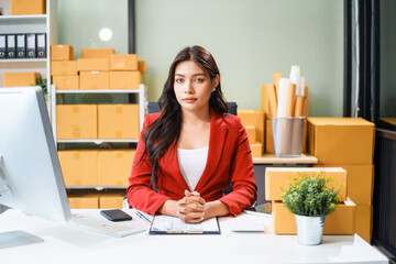 A beautiful businesswoman sits at the table, looking at the computer screen and talking on the phone. She analyzes marketing plans with a smile, feeling happy and successful in her online business.