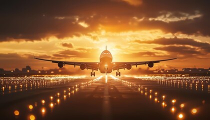 Obraz premium Silhouette of a cargo plane taking off, runway lights glowing, global logistics and air freight, powerful and dynamic, HD quality