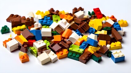 A pile of colorful building blocks scattered across a white background