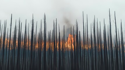 Obraz premium A dramatic view of a forest fire, with towering charred trees silhouetted against the bright flames and smoke in the background.