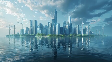 A futuristic cityscape featuring skyscrapers, wind turbines, and water reflections, symbolizing sustainability and innovation.