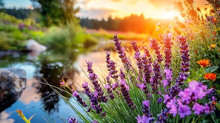 Obraz premium Photography of purple lavender fields with green stems against a dark pond, include a horizontal rectangular solid color palette at the bottom