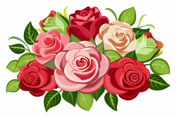 Fototapeta premium A Bouquet of Red, Pink, and White Roses with Green Leaves