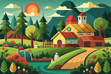 A Picturesque Countryside Scene with a House, Trees, and a Winding Road