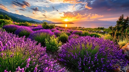 Obraz premium Photography of purple lavender fields with green stems against a sunset sky, include a horizontal rectangular solid color palette at the bottom
