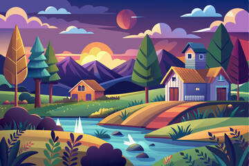 Fototapeta premium A Picturesque Sunset Over a Village Nestled in the Mountains