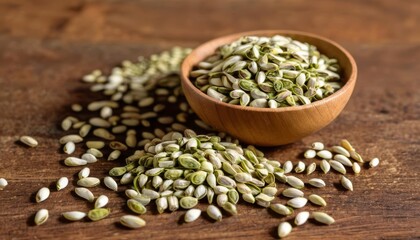 Fototapeta premium Natural and organic food concept with wooden bowl and seeds
