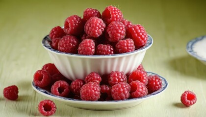  Fresh raspberries in a white bowl ready to be enjoyed