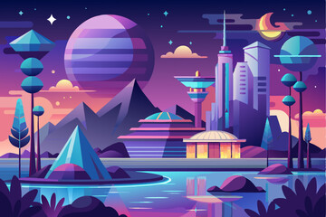 Futuristic Cityscape with a Glowing Lake and a Crescent Moon