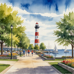 Watercolor illustration of Kenosha&rsquo;s HarborPark, capturing the charm and beauty of this waterfront area.