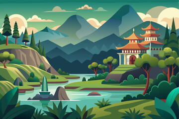 Asian Temple Landscape with Mountains, River, and Lush Foliage