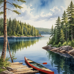 Obraz premium Watercolor illustration of Voyageurs National Park, highlighting its stunning lake landscapes and wilderness. The scene should feature one of the park's picturesque lakes, 