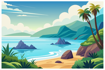 Obraz premium Tropical Beach with Palm Trees and Mountain Range