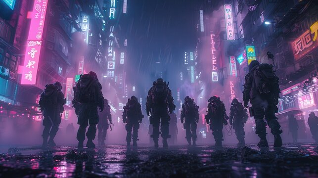 Extraterrestrial Encounter in Neon City - Futuristic Scene with Humanoid Aliens in Urban Setting at Night