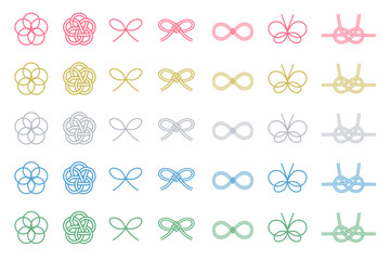 カラフルな水引のイラストセット　梅結び　蝶結び　叶結び　あわじ結　あしらい　装飾