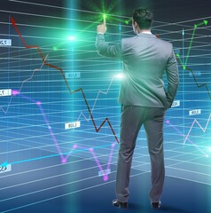 Businessman trader pressing virtual buttons