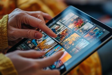 Hands browsing photo gallery on tablet. Digital device, photography, touch interaction. Technology and lifestyle concept.