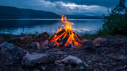 A campfire burns in the evening at a camp spot