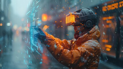 Embracing the Future: Person Engaging in Augmented Reality with AI-Enhanced Wearable Device, Concept of Virtual Interaction and Technology Advancement.