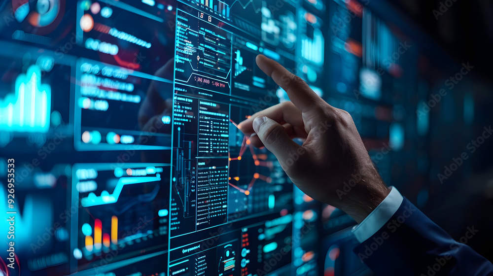 Poster ai artificial intelligence, data science, information technology concept. businessman touching on ai