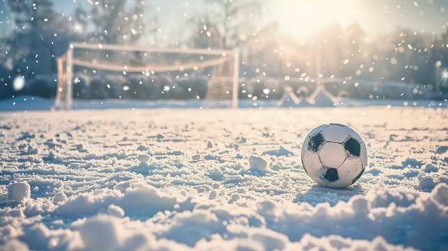 Fototapeta A soccer ball rests in the snow on a snowy field with a goal in the background.