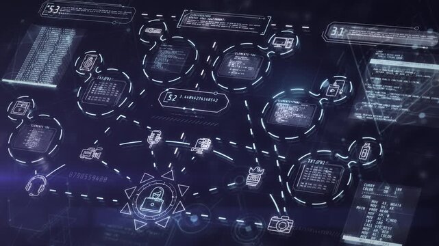 Virtual reality data charts, infographics with computer code.