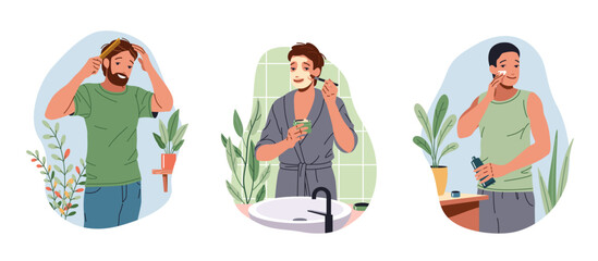 Positive guys undergoing everyday beauty procedures flat color vector icon set. Diverse men taking care of themselves illustration pack on white