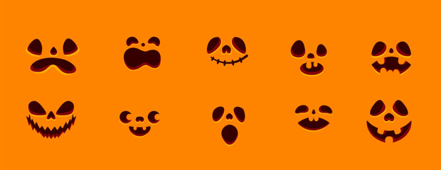 Funny faces for Halloween pumpkin carving objects flat color vector icon set. Cute monsters grimaces illustration pack on orange background