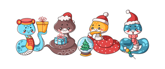 Fototapeta premium Illustration set of festive Kawaii snakes in flat color vector style. Celebrating New Year with items representing 2025 oriental zodiac mascots