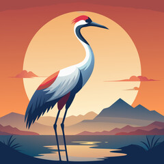 heron on sunset background silhouette vector illustration