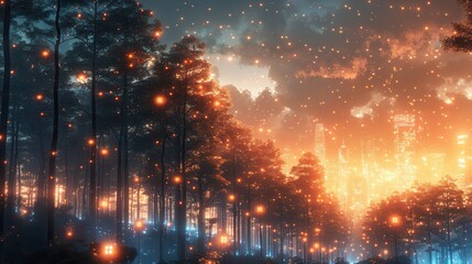 Digital Forest of the Future: AI Robots Planting Trees Abstract Image with Text Space