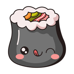 Funny Kawaii sushi licking lip while winking flat color vector illustration. Healthy Japanese cuisine. Asian dish for dinner character on white