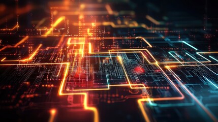 Complex game maze pattern featuring a high-tech matrix design with neon grid lines and intricate pathways, illuminated by vibrant colors