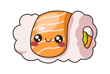 Happy Kawaii face on sushi roll salmon flat color vector illustration. Japanese culinary traditions. Healthy seafood character on white background