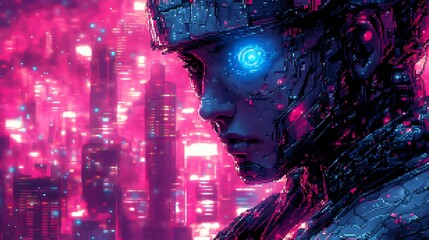 Obraz premium Cyber-Augmented Pixel Art Samurai in Vibrant Neon Cityscape Backdrop
