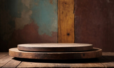 Fototapeta premium Round Retro Pedestal Against Blue and Brown Wooden Boards - Product Display