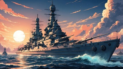 retro style anime battleship illustration background