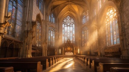 Majestic cathedral with towering spires and intricate stained glass windows, bathed in golden sunligh